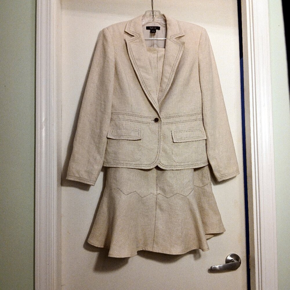 100%  Linen Blazer & Long Midi Skirt Suit with Peplum Flare Hem  Details Galore!